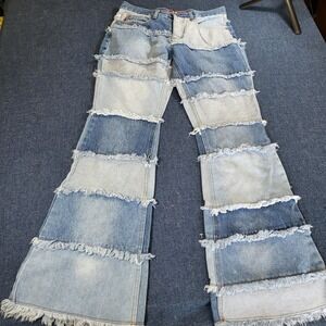 Zana-Di Vintage Y2K Patchwork Flare Jeans Frayed Raw Hem Wide Leg Blue Denim 7